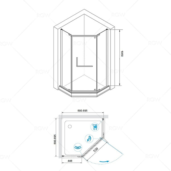 душевой уголок rgw hotel ho-081 90x90x195 см, профиль хром, стекло прозрачное