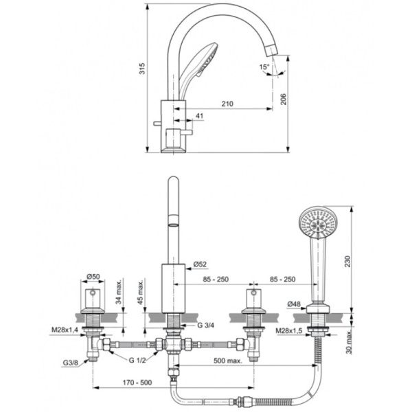 смеситель на борт ванны ideal standard ceraline bc198aa хром