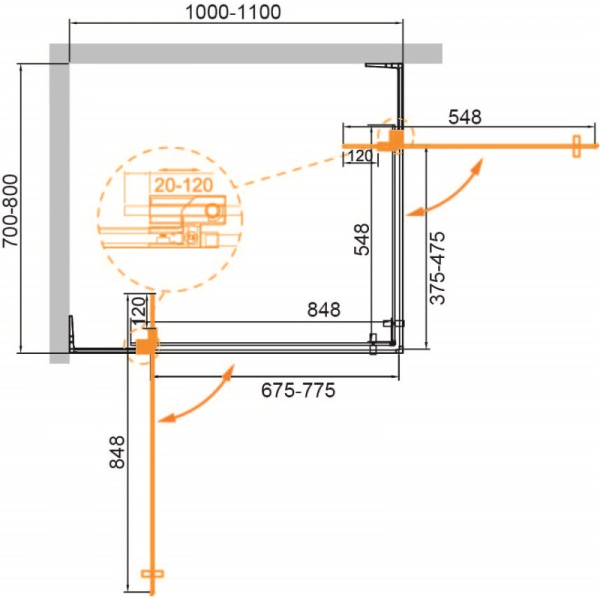 душевой уголок 100-110x70-80 cezares slider-ah-2-70/80-100/110-grigio-nero серое