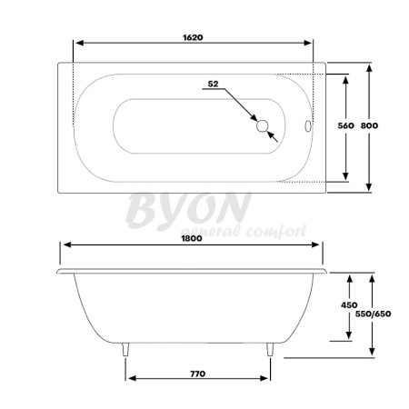 чугунная ванна byon b13 maxi 180x80x45 ц0000139 с антискользящим покрытием