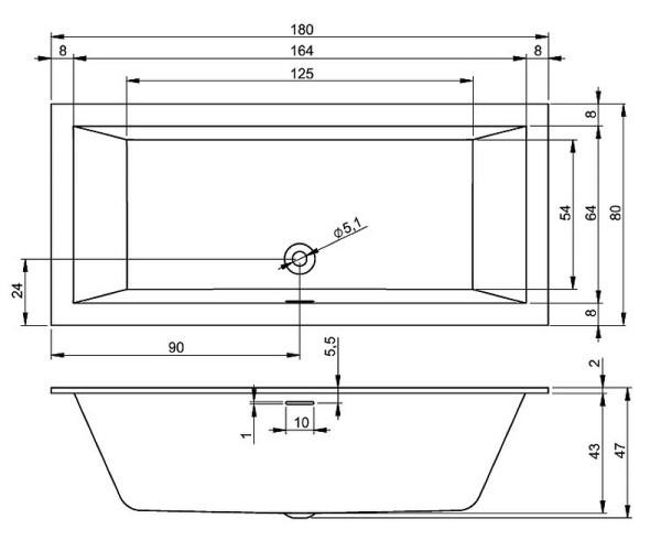 акриловая ванна riho rething cubic 180х80 b106001005 (br0800500000000) без гидромассажа