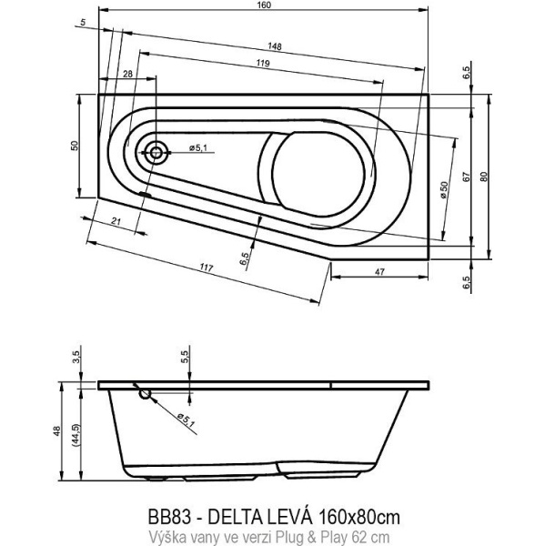 акриловая ванна riho delta 160х80 l b069007005 (bd4300500000000) без гидромассажа