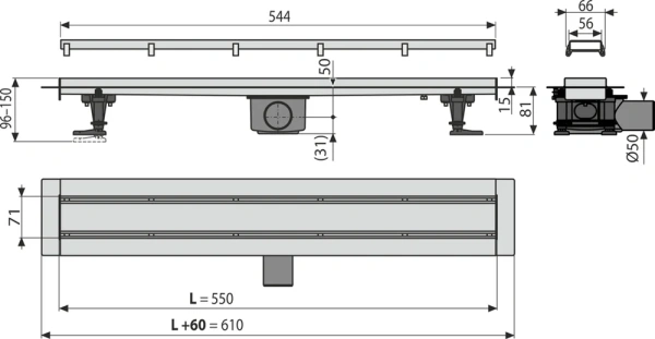 душевой лоток alcaplast apz13-double9 (apz13-double9-550) с решеткой и опорами, 550 мм