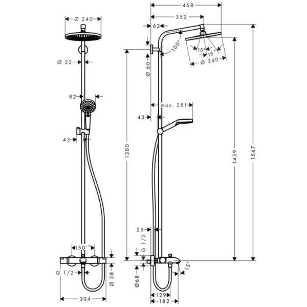 душевая система для ванны hansgrohe crometta s 240 showerpipe 27320000