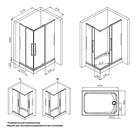 душевой уголок am.pm func 120x90 w84g-403-12090-bт профиль черный матовый стекло прозрачное