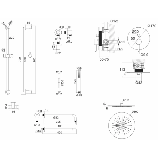 душевой комплект whitecross y yset05gl 300 мм, со смесителем, золотой