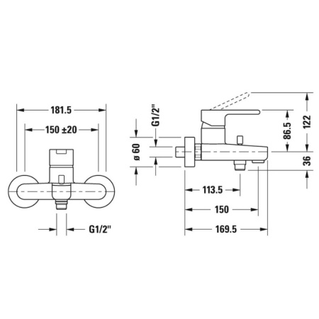 смеситель для ванны с душем duravit b.2 b25230000010