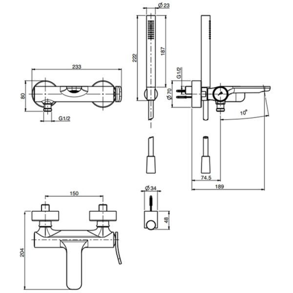 смеситель fima carlo frattini flo f3804or для ванны, настенный, с ручным душем, золото