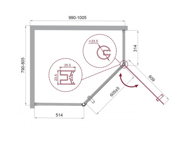 душевой уголок belbagno uno 100×80 uno-195-ph-1-100/80-c-cr профиль хром, стекло прозрачное
