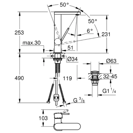 смеситель для раковины с донным клапаном grohe plus 23844003