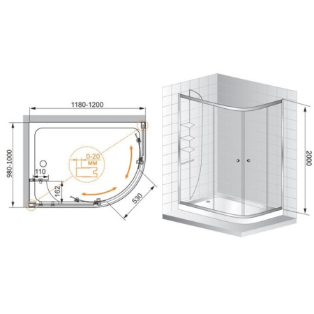 душевой уголок cezares anima 120x100 прозрачное стекло anima-w-rh-2-120/100-c-cr-r