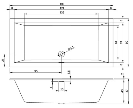 акриловая ванна riho rething cubic 190x90 r b109022005, заполнение через перелив