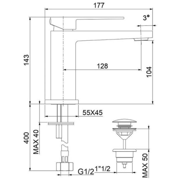 смеситель для раковины с донным клапаном webert pegaso pe830102740