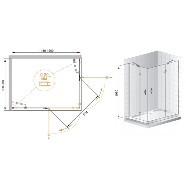 душевой уголок cezares bergamo 120x90 r bergamo-w-ah-2-120/90-c-cr-r профиль хром стекло прозрачное
