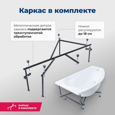 акриловая ванна aquanet jersey 170x90 l 205405 с каркасом, цвет белый.