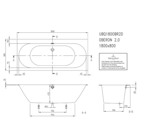 квариловая ванна villeroy&boch oberon 2.0 ubq180obr2dv-01 180x80 см