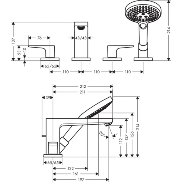 смеситель на борт ванны hansgrohe metropol 74552000