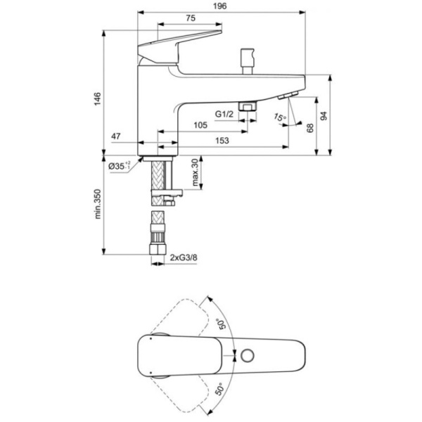 смеситель на борт ванны ideal standard ceraplan bd257aa на 1 отверстие