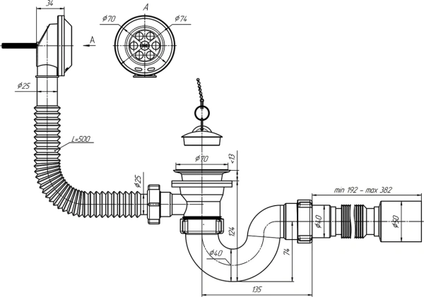 слив-перелив для ванны ани пласт e155 40 мм, хром, с сифоном