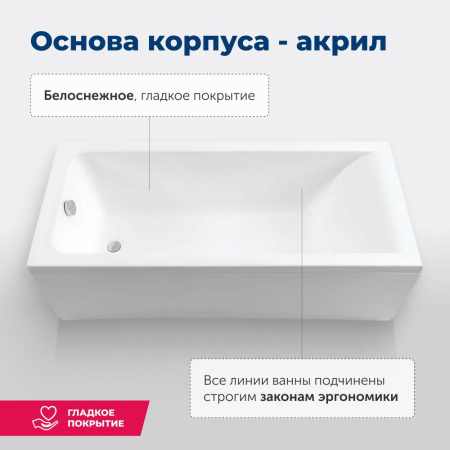 акриловая ванна santiplus bright 170x70 см, с каркасом, цвет белый