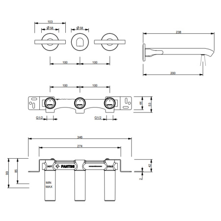 fantini fantini sailing смеситель для раковины, настенный, цвет: deep black pvd