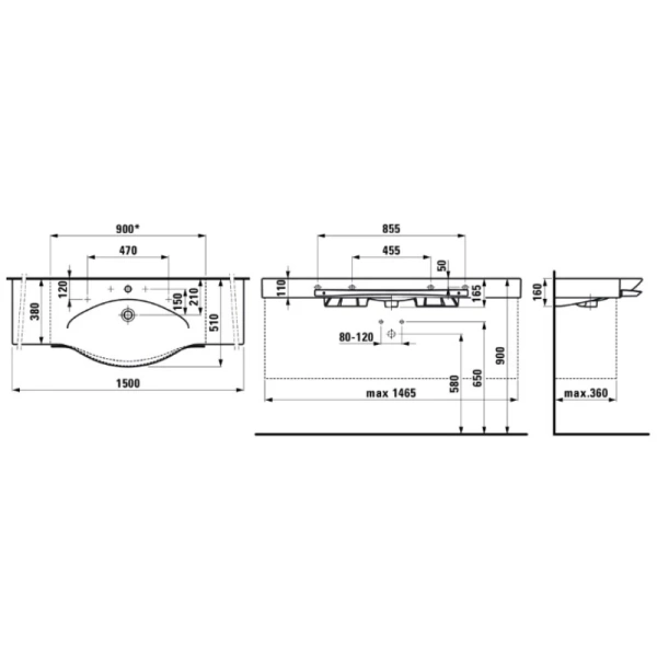 раковина полувстраиваемая laufen palace new 150 см 8.1270.6.000.104.1 с полотенцедержателем