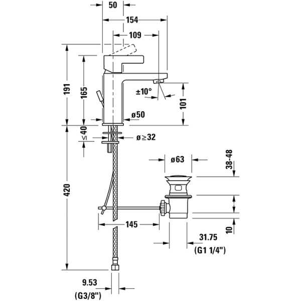 duravit d-neo смеситель для раковины на 1 отв., с донным клапаном, h=165мм, излив 109мм, ecostart цвет: хром