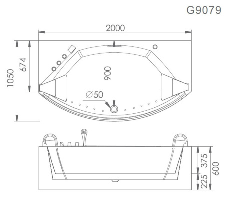 акриловая ванна gemy g9079 с аэромассажем и хромотерапией, 200х105